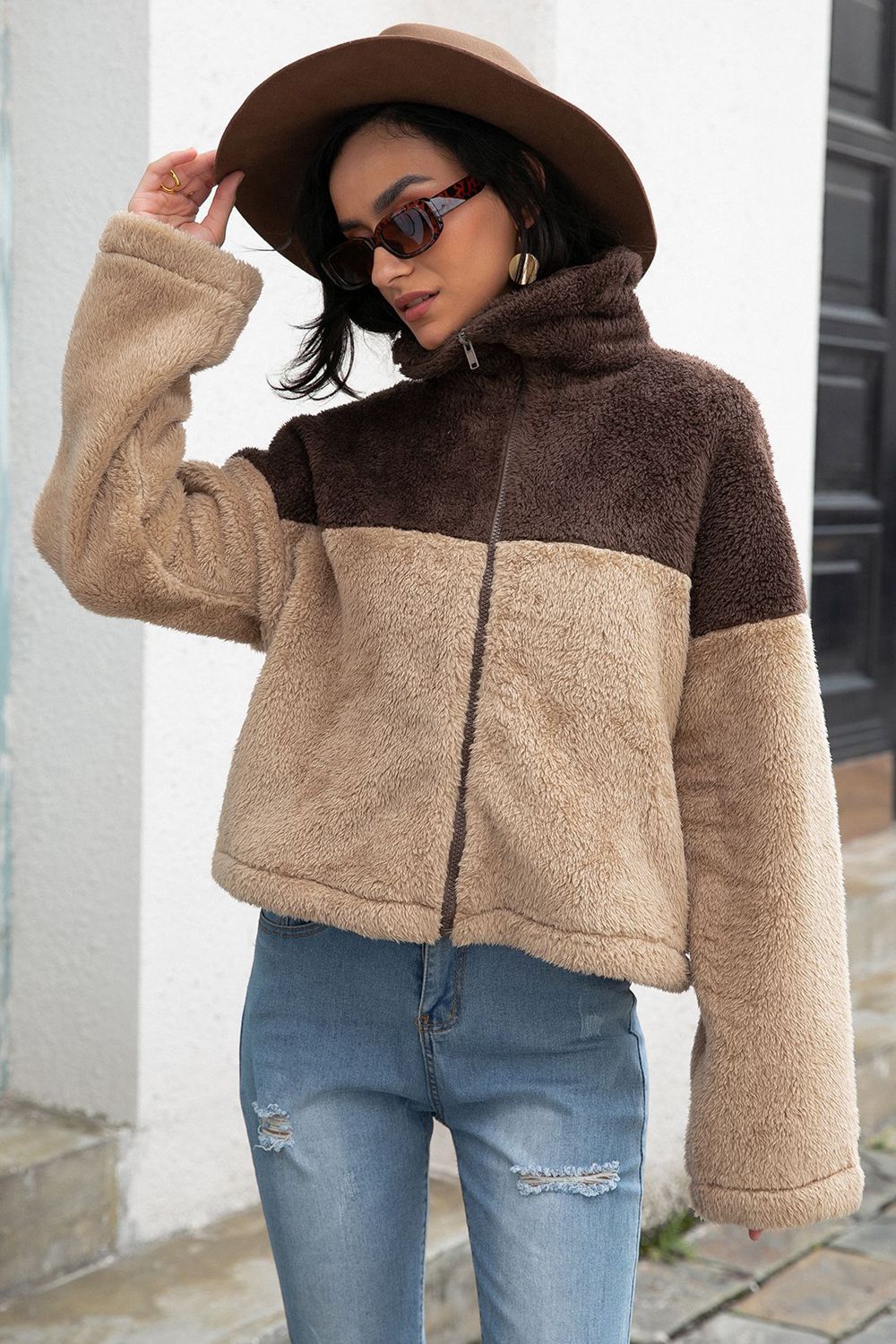 Colorblock teddy zip-up jacket in khaki and brown with a high collar and full zip.
