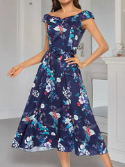 Floral off-shoulder midi dress with self-tie belt and ruffled hem