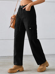 Black denim cargo pants with drawstring waist and buttoned flap pockets.