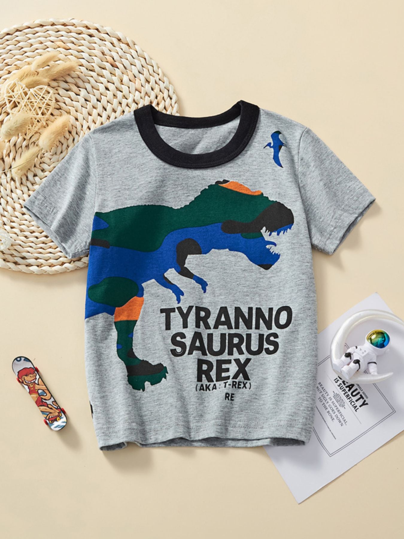 Grey cotton crew neck t-shirt with a colorful Tyrannosaurus Rex graphic and text.