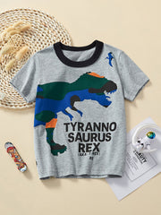 Grey cotton crew neck t-shirt with a colorful Tyrannosaurus Rex graphic and text.