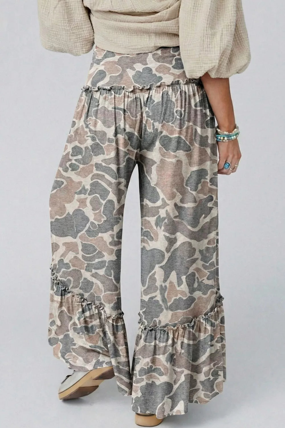 Camo ruffle hem wide-leg maternity pants with drawstring waist.