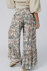 Camo ruffle hem wide-leg maternity pants with drawstring waist.