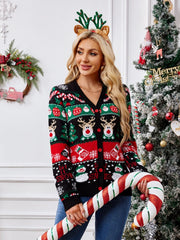 Festive Fair Isle button-up cardigan in black with reindeer, snowman, and snowflake pattern.