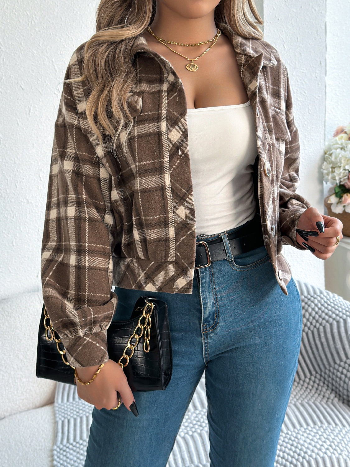 Cropped plaid shacket in Taupe with gathered sleeves and button front.