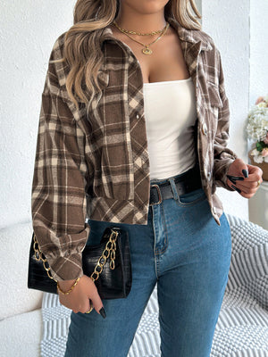 Cropped plaid shacket in Taupe with gathered sleeves and button front.