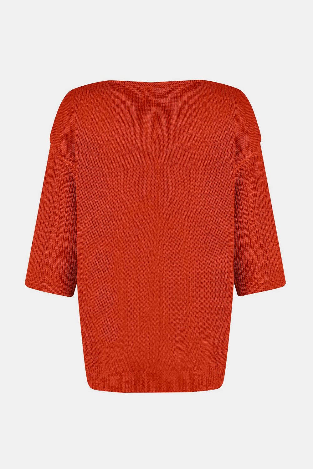 Orange knit sweater with flared sleeves and V-neck.