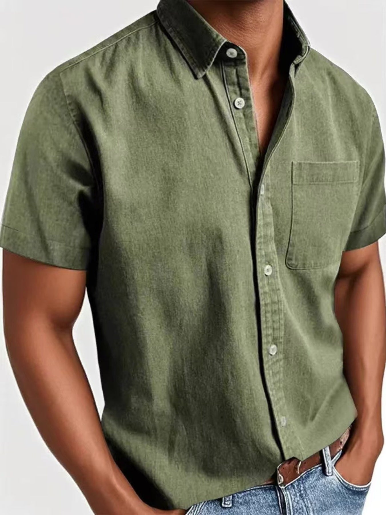 Men's casual short sleeve button-down shirt in army green with a chest pocket.
