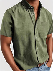 Men's casual short sleeve button-down shirt in army green with a chest pocket.