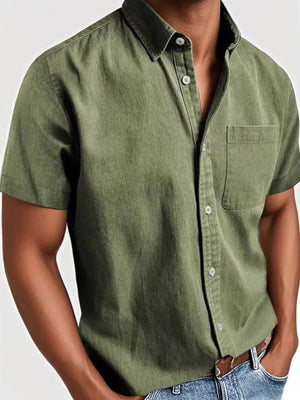 Men's casual short sleeve button-down shirt in army green with a chest pocket.