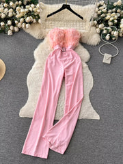 Pink feather trim strapless wide-leg jumpsuit with belt detail