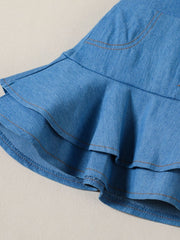 Denim skirt with tiered ruffles and contrast stitching.