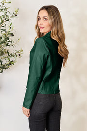 Biker-inspired faux leather jacket in green with a stand-up collar and long sleeves.