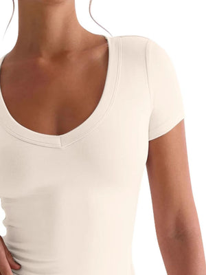 Eggshell white second-skin tee with a sculpted V-neckline and short sleeves.