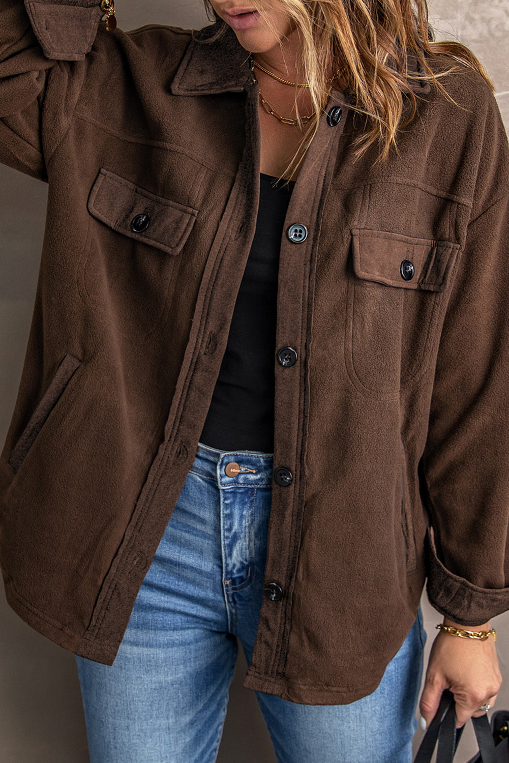 Fleece shirt jacket in Chestnut with patch pockets and button front.