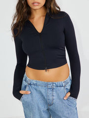 Black high-neck cropped active zip top with thumbholes