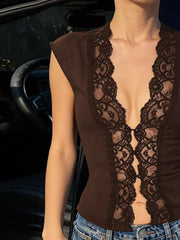 Brown sheer vest with lace trim and button details