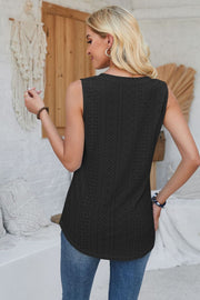 Black perforated sleeveless button-down top with a rounded hem
