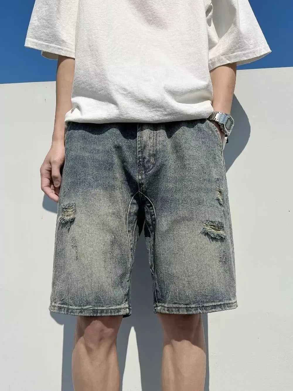 Men's Full Size Distressed Denim Shorts in Light, side view