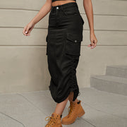 Black denim midi cargo skirt with adjustable ruching detail and button-flap pockets.