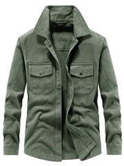 Men's Plus Size Dual Chest Pockets Shacket in Army Green, fabric detail