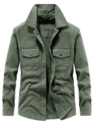 Men's Plus Size Dual Chest Pockets Shacket in Army Green, fabric detail