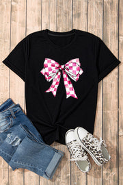 Black t-shirt with a pink and white gingham bow graphic, crew neck, short sleeves.