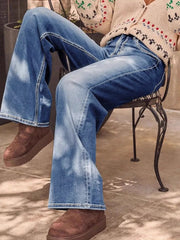 Light blue denim high-waisted flare jeans with a buttoned closure.