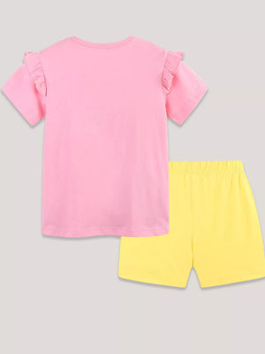 Pink cotton baby outfit with ruffled sleeves and yellow shorts.