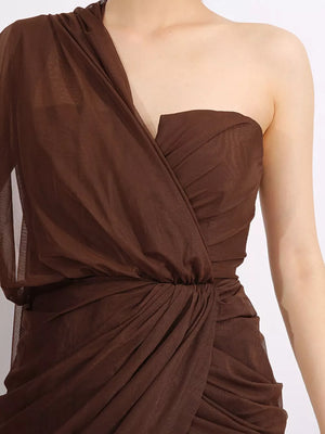 Brown draped one-shoulder maxi dress with ruched detailing and sheer sleeve.