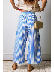 Maternity wide-leg ankle pants with blue and white stripes, pockets, and drawstring waist.