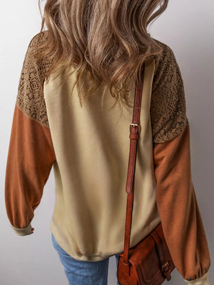 Lace Patchwork Colorblock Sweatshirt in Tan, close-up detail