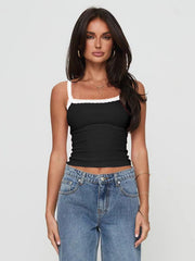 Black ribbed tank top with white lace trim and square neckline