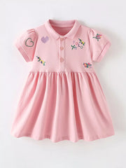 Pink cotton blend baby dress with embroidered details and polo collar.