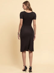 Black midi dress with ruched sweetheart neckline and short sleeves.