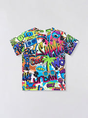 Toddler t-shirt with vibrant graffiti print, short sleeves, and crew neck.