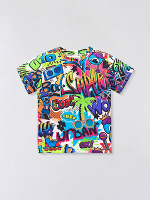 Toddler t-shirt with vibrant graffiti print, short sleeves, and crew neck.