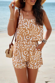 Abstract geo print crop top and shorts set in tan with white pattern, square neck tank top and elastic waist shorts.