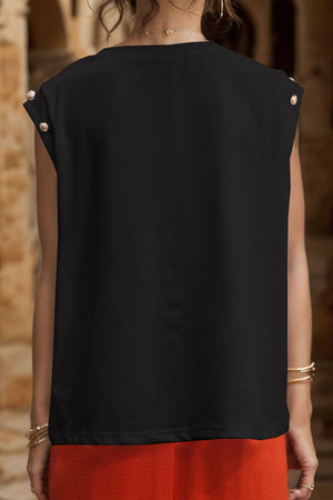 Black cap sleeve tee with gold button details on shoulders