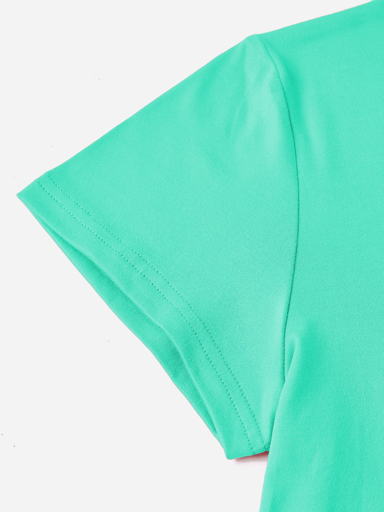 Aqua crewneck t-shirt with short sleeves and double-stitched hem detail.
