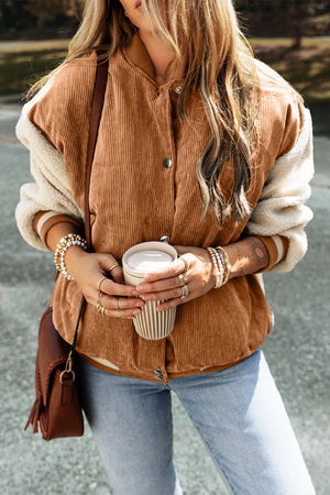 Corduroy bomber jacket in Terracotta with sherpa sleeves and contrast trim.