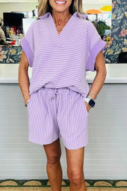 Chic striped cotton loungewear set with drawstring shorts and a V-neck polo top.