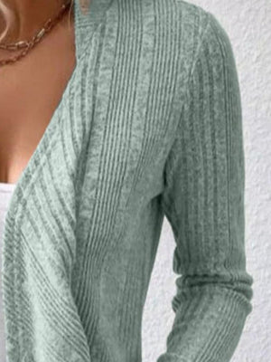 Sage ribbed waterfall cardigan jacket with open front and long sleeves.