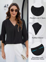 Black V-neck blouse with ruffled sleeves and elasticized shoulder detail.