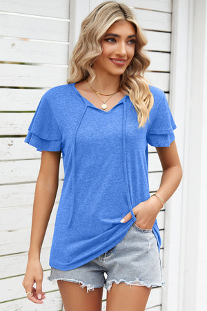 Blue flutter sleeve henley tee with tie neckline and tiered sleeves