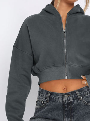 Dark Gray cropped zip-up hoodie with ribbed hem and silver zipper detail.