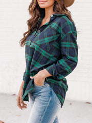 Relaxed fit plaid button-down shirt in green and navy, with cuffed sleeves.