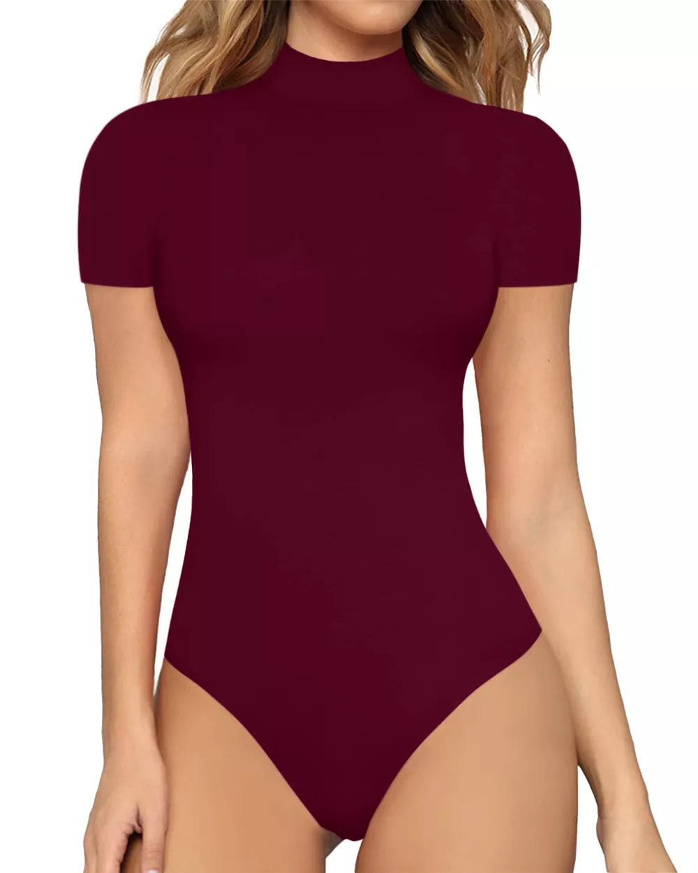 Burgundy mock neck short sleeve form-fitting bodysuit