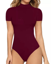 Burgundy mock neck short sleeve form-fitting bodysuit