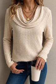 Ribbed Cowl Neck Long Sleeve Top in Khaki, front view